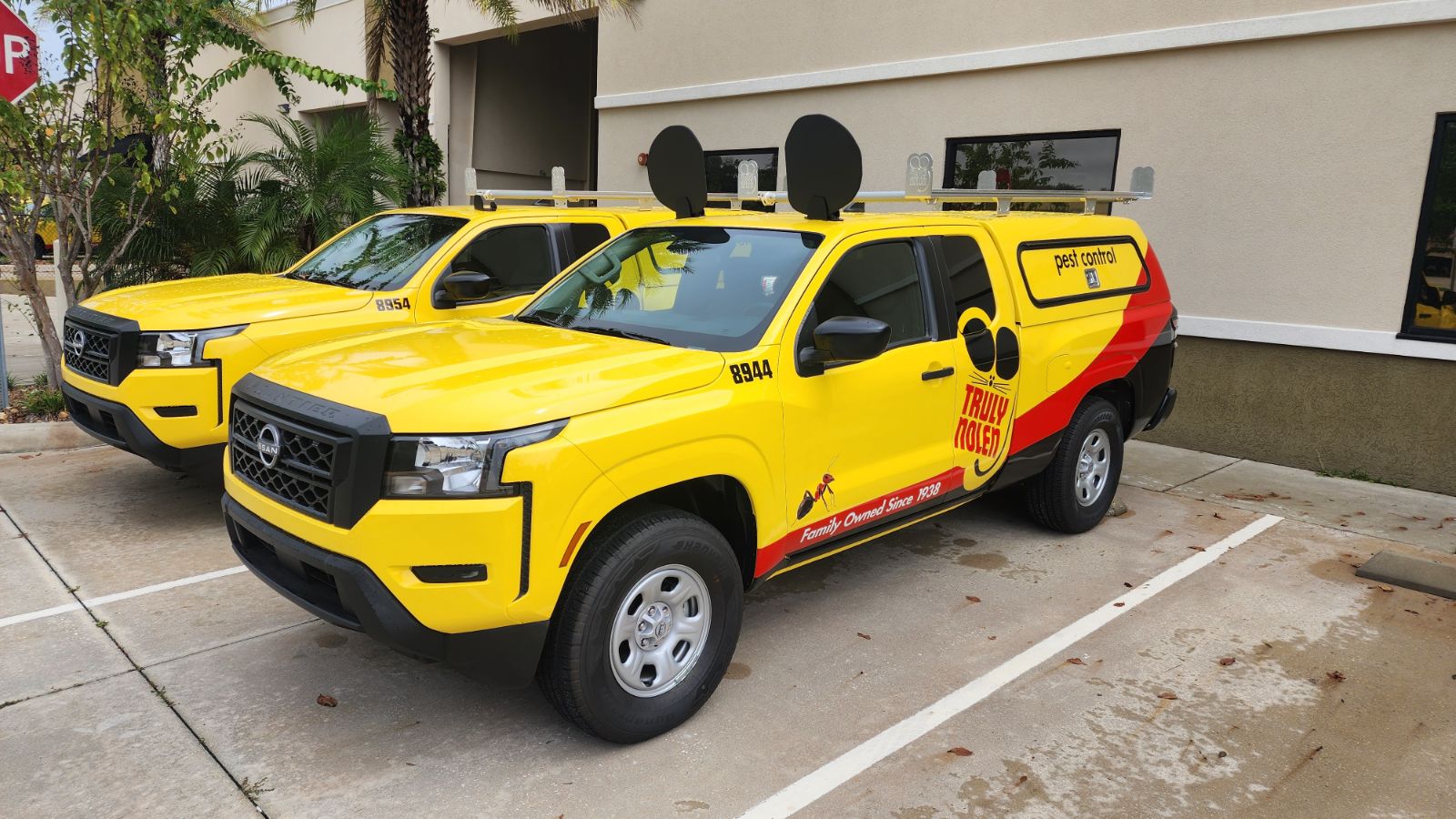 Two bright yellow pest-control trucks parked side by side in a lot, with roof racks and company branding along the doors (Truly Nolen).