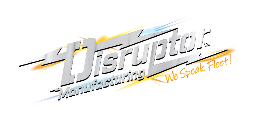 Disruptor Manufacturing logo with bold silver lettering and orange-blue swooshes, tagline 'We Speak Fleet!'