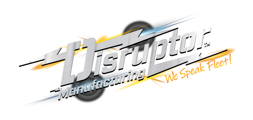 Disruptor Manufacturing logo with silver stylized text, orange and blue swooshes, a black wheel, and the slogan 'We Speak Fleet!'